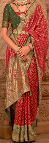 Red contrasting blouse on Jacquard Weaved Banarasi Design saree With Stone Work | Banarasi Saree